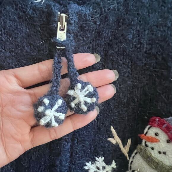 Vintage Christmas Snowman Blue Cardigan Sweater Silk Wool Knit Women's Size M - Picture 3 of 7